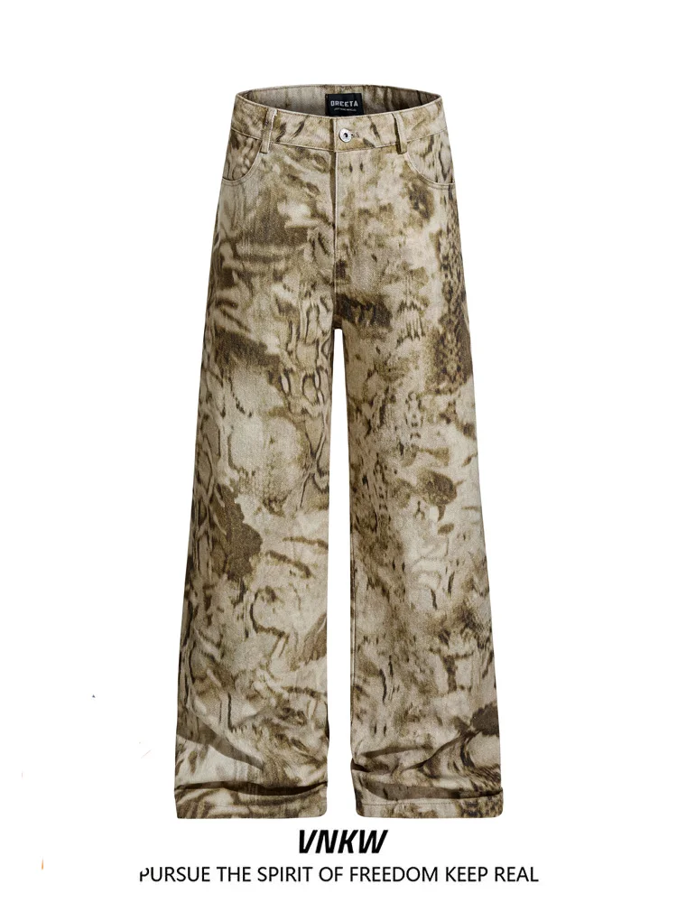 

American Retro Snake Skin Print Design Loose Wide Leg Straight Casual Trousers Men Women Floor Length Drapey Workwear Pants