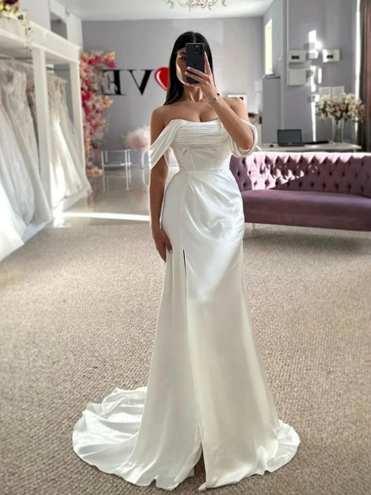 

Customize To Measures Off The Shoulder A-Line Wedding Dress Simple Satin Ruched Croset Top Bridal Gown Sweep Trian Vestido De N