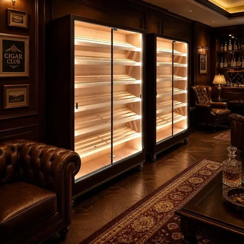custom.Custom Commercial Cigar Humidor Cabinet LED Light Glass Door Solid Wood Shelf Cigar Storage Display Cabinet With Wheels