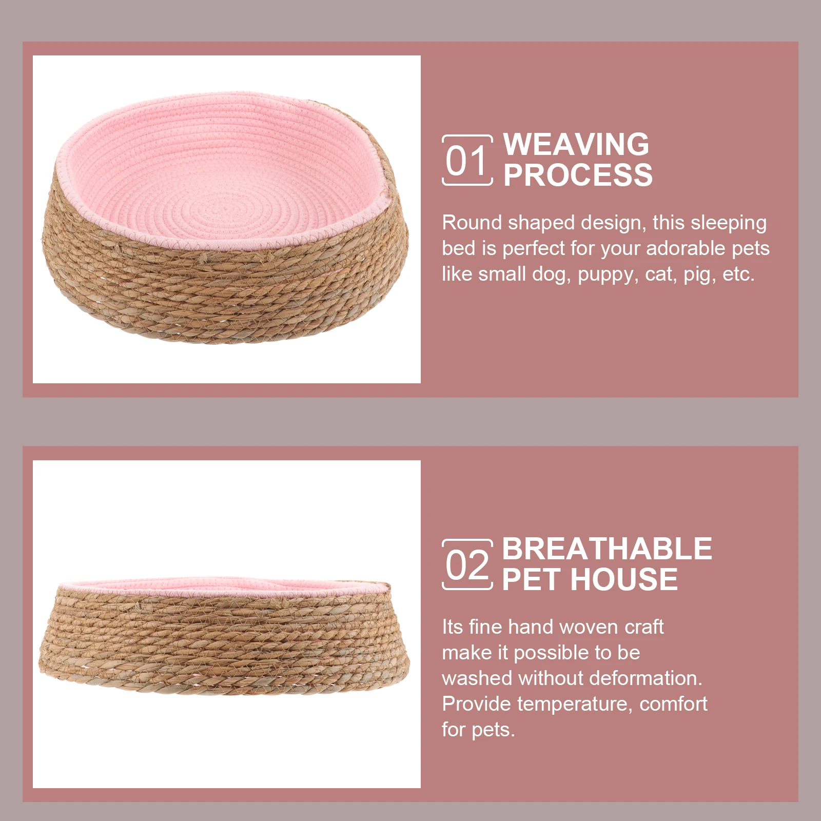 

Rattan Pet Bed Warm Sleeping Pad for Dogs Cats Pink Small Cozy Comfortable Puppy Mat H Woven Durable Lightweight Round Design