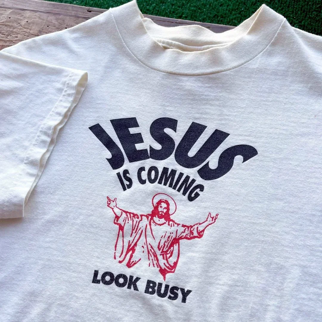 Jesus is Coming Look Busy Printing Vintage Style Unisex White Short Sleeve Tops Tees Summer Christian's Woman T shirts