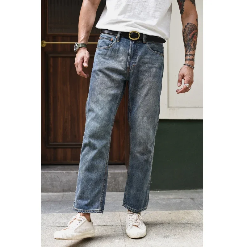 Sauce Zhan-Jeans Masculinos, Selvedge Denim, Jeans de Lavagem Afligido, Comprimento do Tornozelo, Slim Fit, 10 oz, Verão, JF09