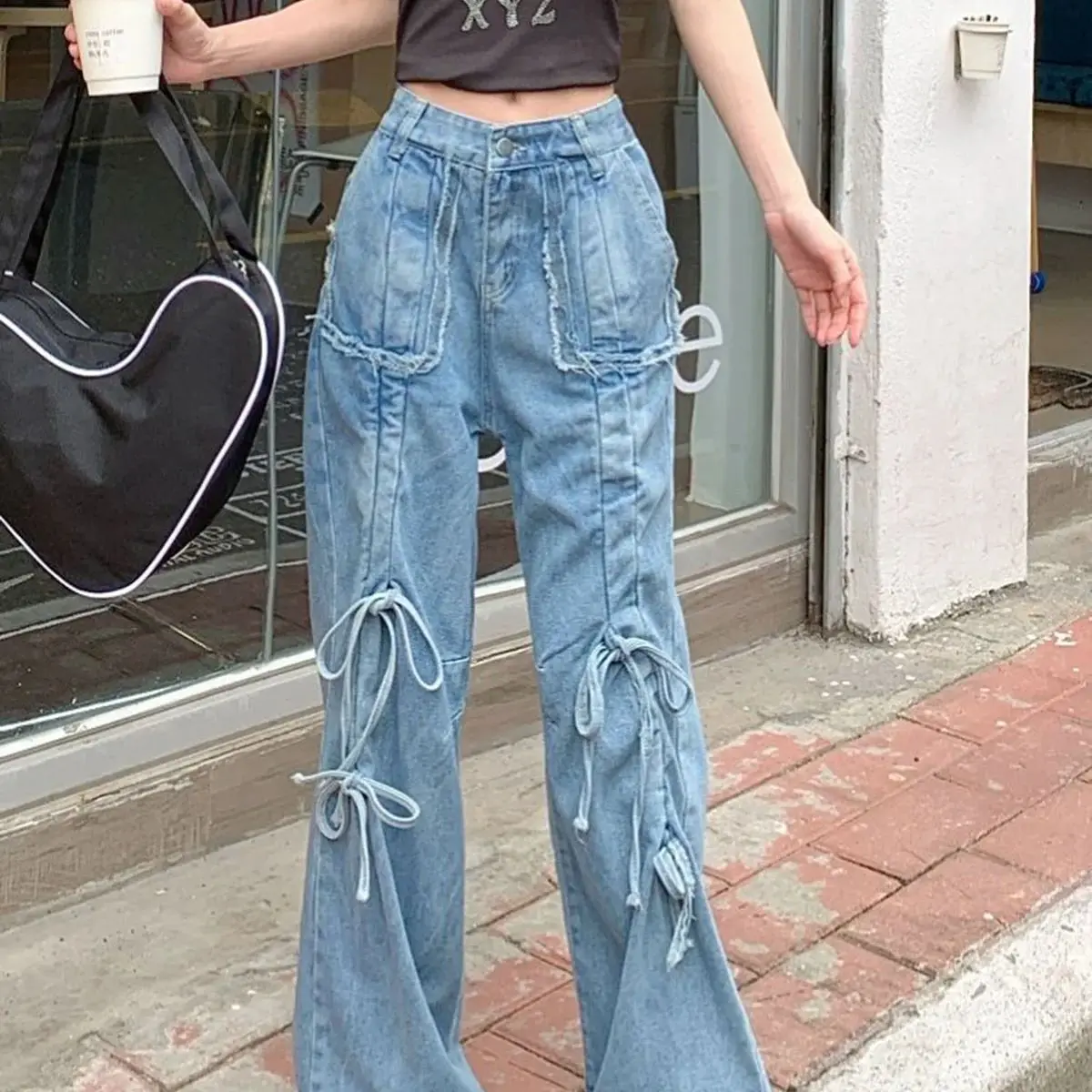 

Bell-Bottomed Lace-Up Bow Wide-Leg Jeans For Women 2024 Summer Retro Versatile High-Waist Large Size Slim Straight Long Pants