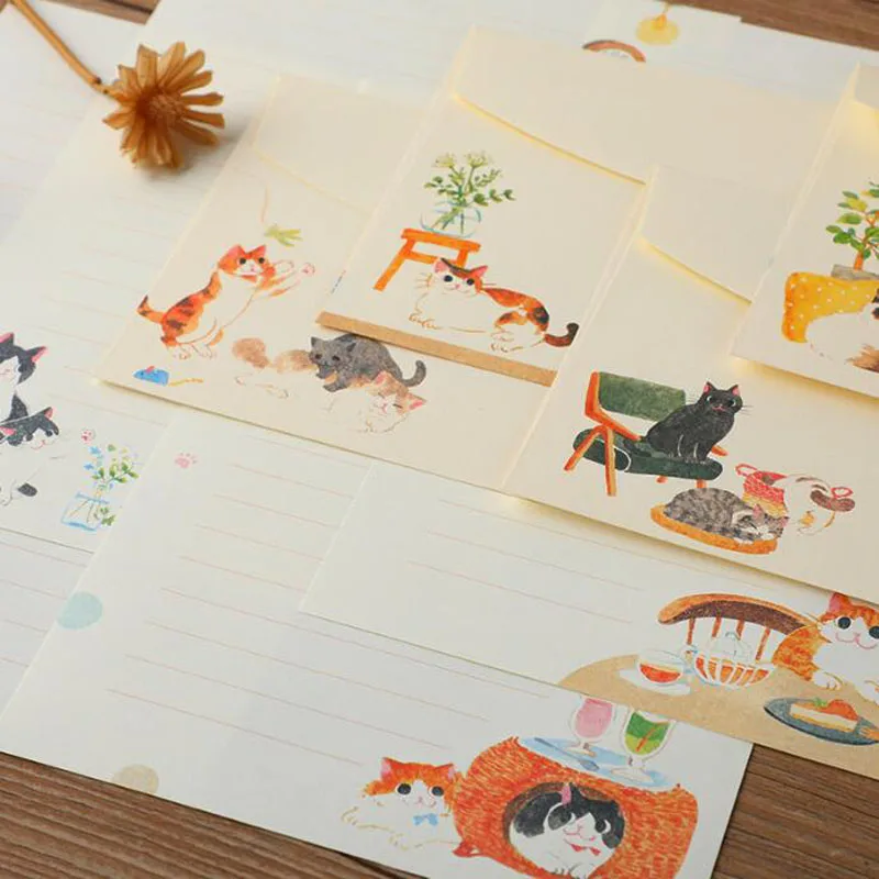 

3 Envelope 6 Letter Paper Set Creative Animal Cats A5 Floral Letterhead Set Beautiful Western Style Small Envelope Stationery