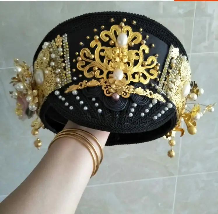 Chiense Headwear Qing Dynasty Empress Queen Hat Studio Props Stage Cap Gold Colour