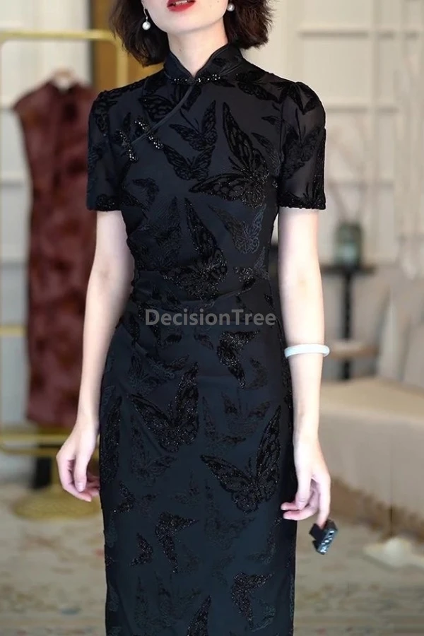 

2025 shining graceful chinese style improved qipao mysterious temperament butterfly jacquard qipao literature art retro dress