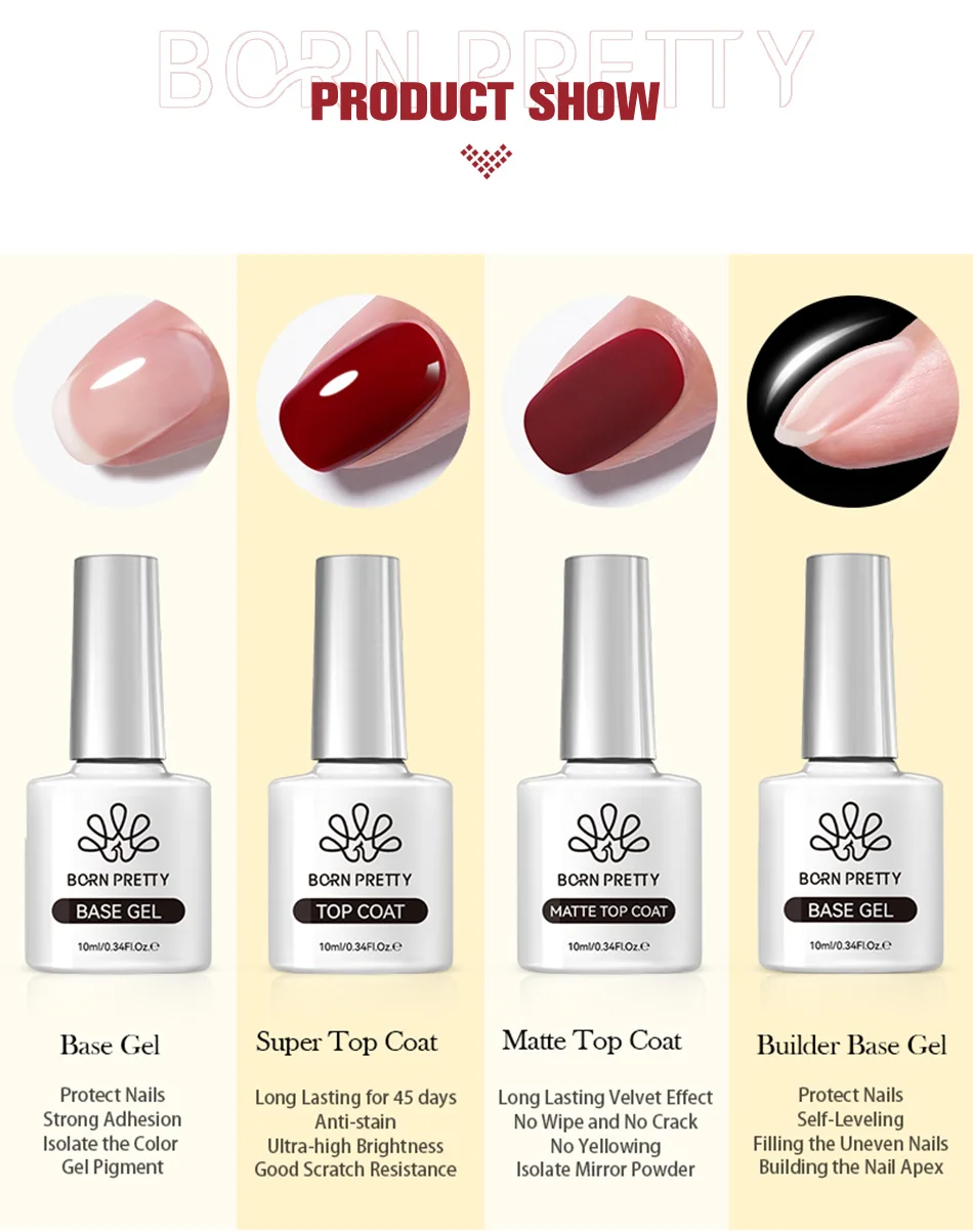 BORN PRETTY Base Gel Super Top Coat Nagellack Design-Verstärker Lack Semi-Permanent Abziehbarer UV LED Nagelkunst-Lack 10ml – Detail 3