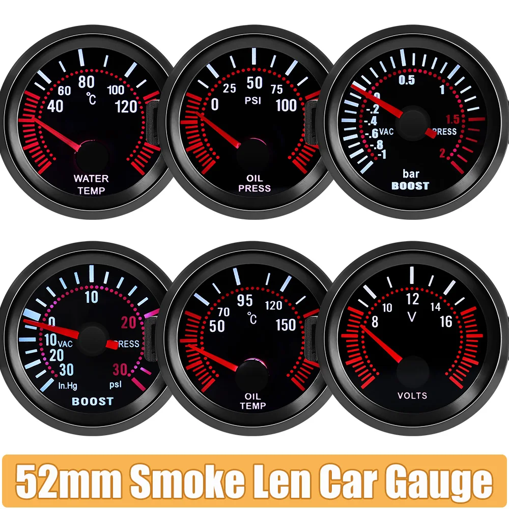 2'' 52mm Car Smoke Len Gauge Oil Pressure Tachometer RPM Turbo Boost Gauge Bar PSI Vacuum Water Temp Meter Gauge For 12V Car