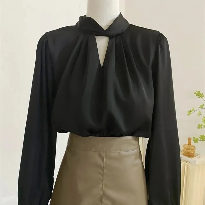 

Французская шифоновая блузка для женщин: элегантная свободная рубашка с длинным рукавом, однотонная, драпированная, модная повседневная модель для весны и осени, женский топ для офиса и на каждый день