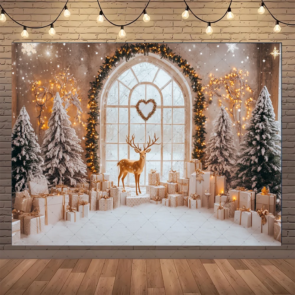 Photography Background Winter Christmas Boho Beige Room Xmas Tree Gift Kids Family Portrait Decor Backdrop Photo Studio