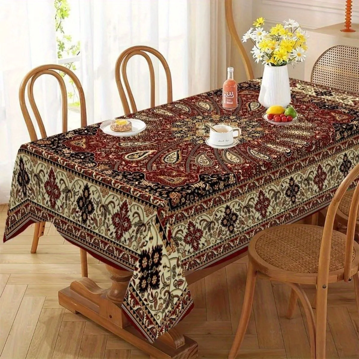 Bohemian Red Gold Paisley Print Tablecloth Fabric Decorative Dining Table Cover Moroccan Style Centerpiece Home Decoration