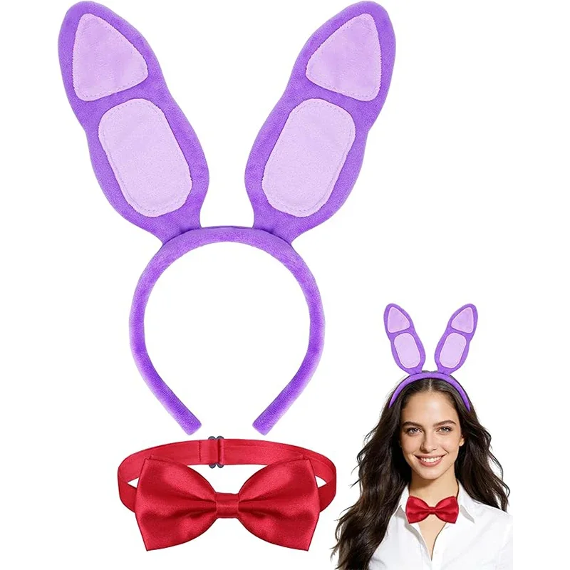 Plush Purple Bunny Ears Headband with Red Bow Tie Set Rabbit Ears Hair Hoop Costume Accessories for Halloween FNAF Freddy Bonnie