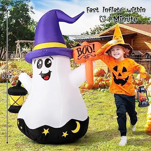 Halloween 5 FT Inflatable Wizard Ghost Cute Outdoor/Indoor Garden Lawn Party Decor with Hand-Held Light and Built-In LEDs