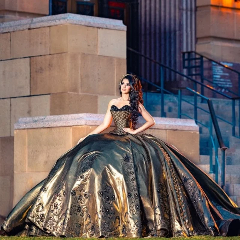 Maßgeschneidertes schulterfreies Quinceanera-Kleid in Olivfarbe, Tüll-Kristall, 3D-Blumen-Schicht-Applikation, Vestidos de 15 Quinceanera