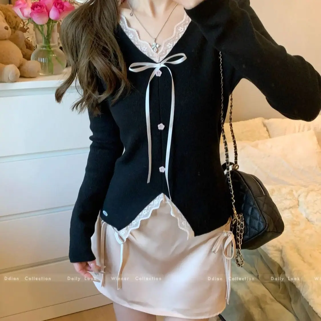 Spring And Autumn Women's Clothing New Sweet Wind Bow Lace Lace Splicing V-neck Split Slim-fit Long Sleeve Top