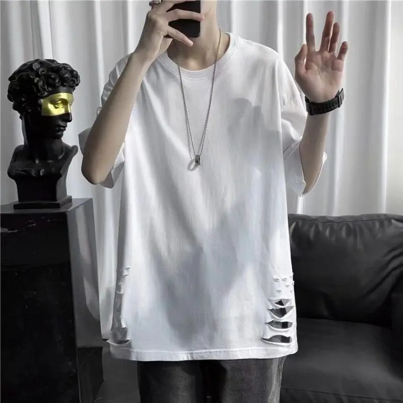 2024 Summer New Men's Minimalist Fashion Casual Loose Young Style Pullovers Crew Neck Solid Color Hole Half Sleeve T-shirt Tops