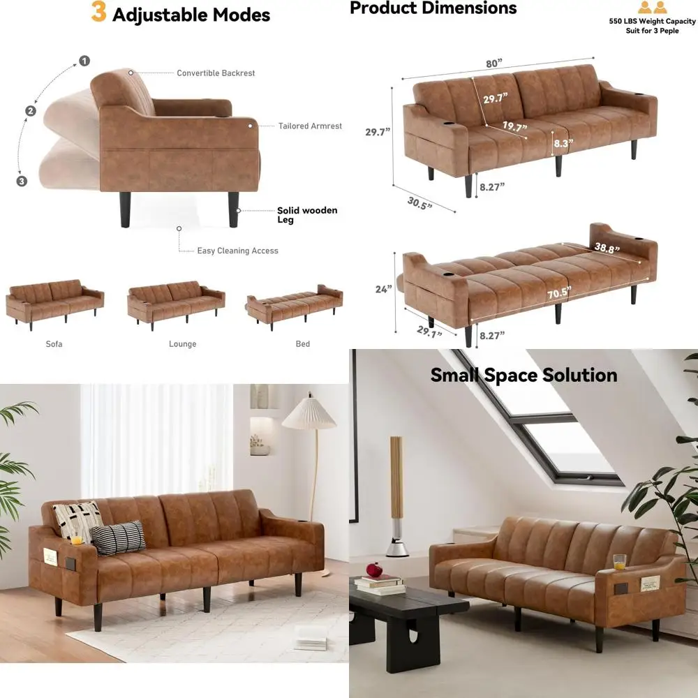 

80 Inch Genuine Leather Sofa Bed with Adjustable Backrest, Cup Holders, and Side Pockets, Ideal for Living Room or Bedroom, Brow