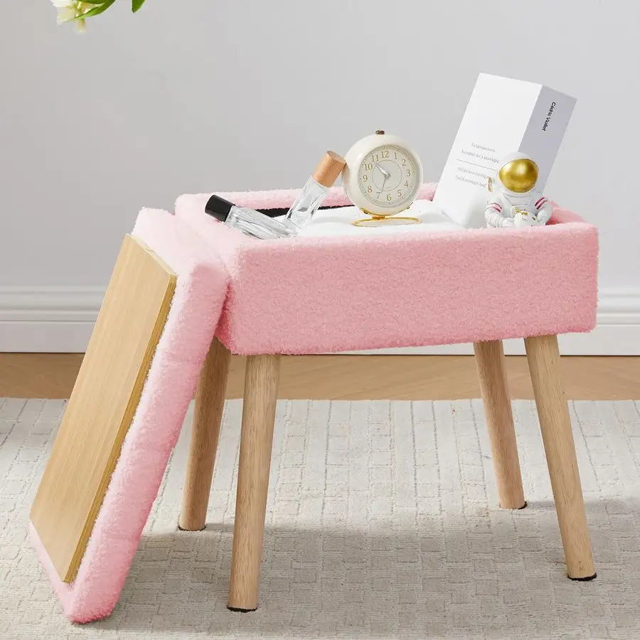 

Туалетный стул, стул-табурет для туалетного столика с подкладкой из шерпы и местом для хранения, прямоугольный стул для макияжа с мягким сиденьем и ножками для спальни, розовый