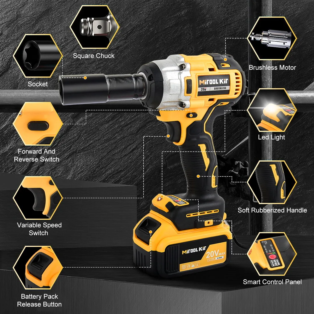 Cordless Electric Impact Wrench Gun 1/2'' High Power Driver with 2Li-ion Battery