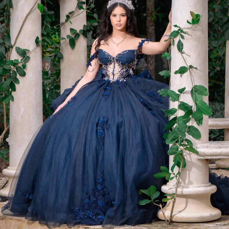

Dark Blue Quinceanera Dresses Off the Shoulder Crystal 3D Flower Decal Layering Bow Long tail Vestido e 15 Quinceanera Customize
