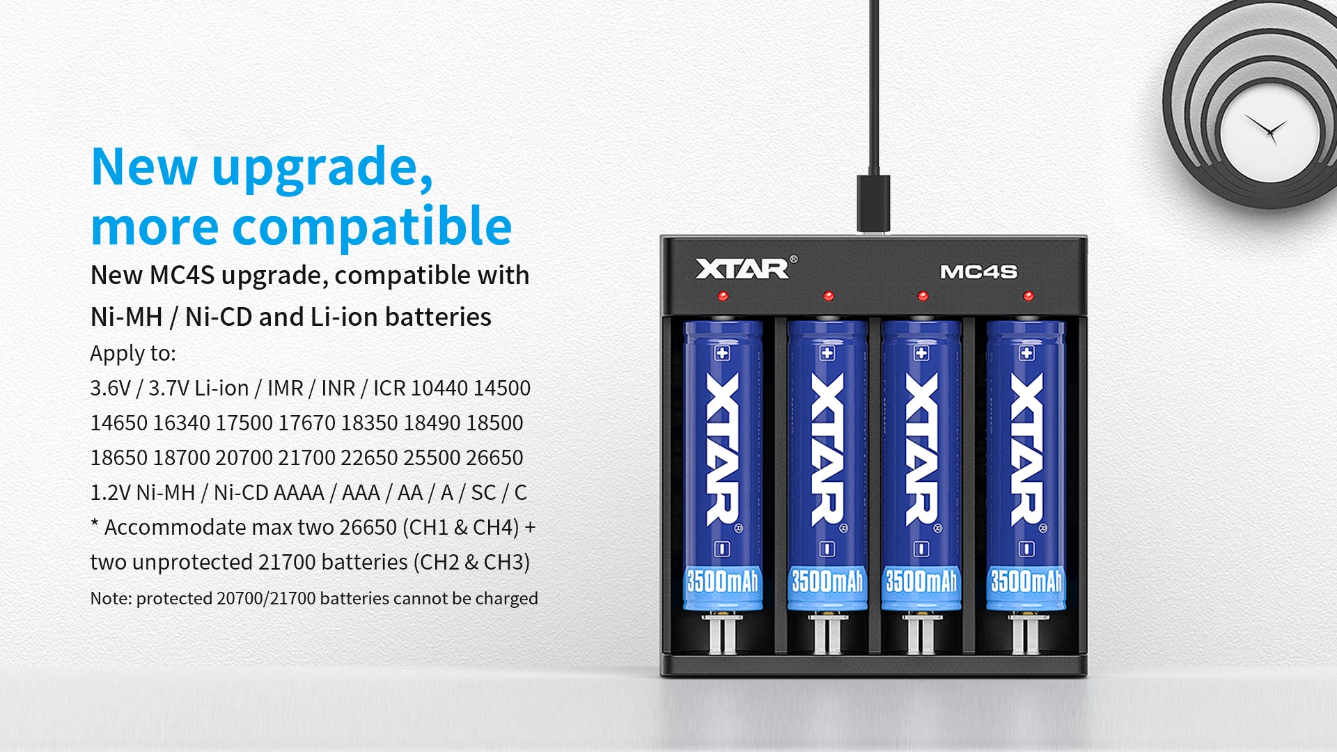 Caricabatterie XTAR MC4S ingresso USB Type-C li-ion e caricabatteria ni-mh caricabatterie a 4 slot