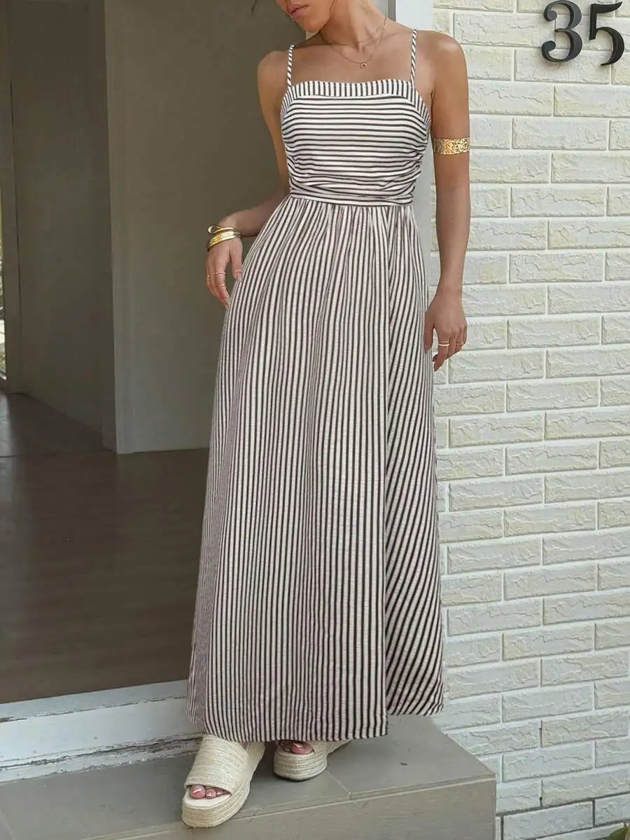 

Women Casual Striped Spaghetti Strap Long Maxi Dress