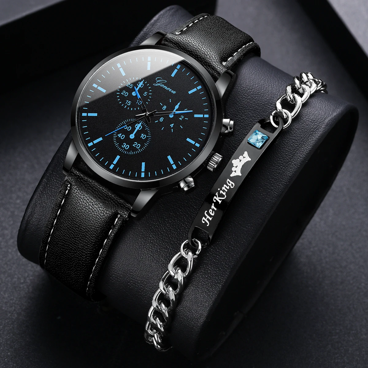 2PCS/Set Men Business Watch Casual Leather Band Analog Quartz Watches Bracelet Set