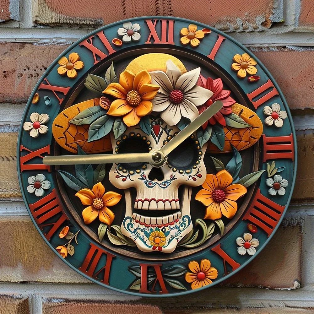 Dia de Muertos Silent Wall Clock - DIY Kit, High-Definition 2D Printed Skull & Flowers, Mother's Day Gift, Seasonal Decor G370