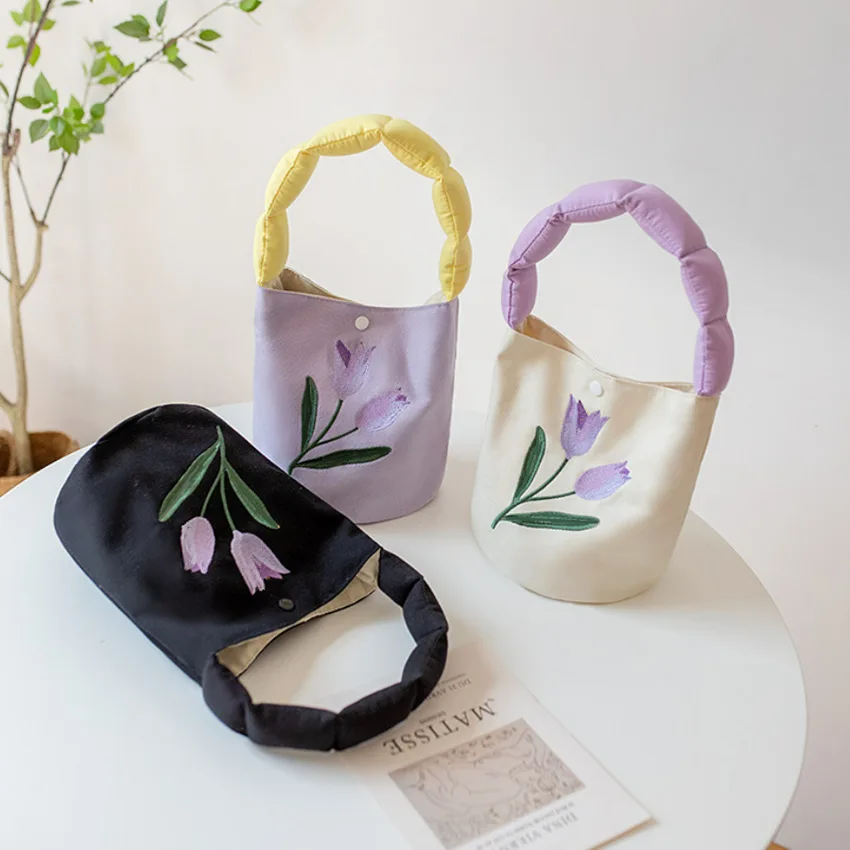 ISKYBOB Canvas Embroidered Tulips Bucket Bag Lunch Bag Korean Style Handbag Shoulder Bag Shopping Bag Women Cute Travel Bags