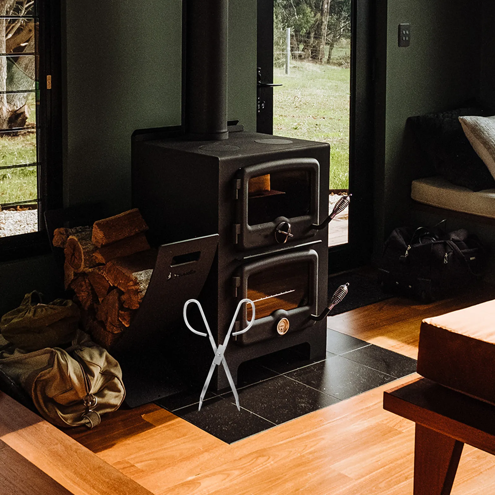 

Щипцы для дров 28 см, деревянные ручки, нержавеющая сталь, длинные, для костровой чаши, камина, печи, инструменты для кемпинга, барбекю на открытом воздухе