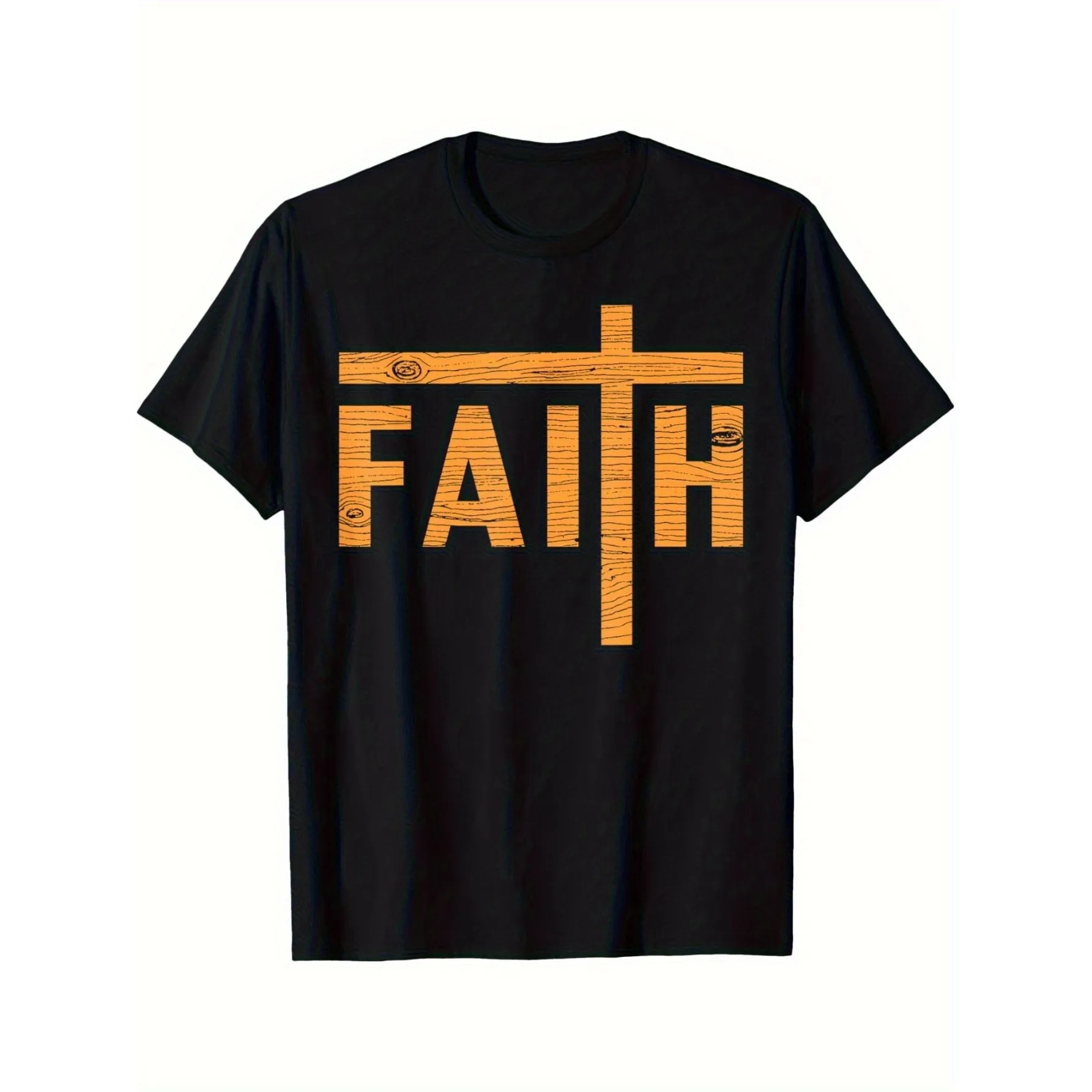 Faith Cross Wood Grain Graphic Tee Christian Religious Gift Short Sleeve T-Shirt Daily Wear