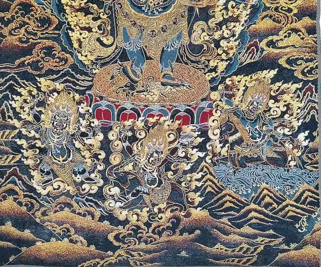 35.4″ Six-Armed Black Mahakala Brocade Tibetan Tangka Embroidery Painting Gold Thread Embroidery Decorative Hanging Pictures