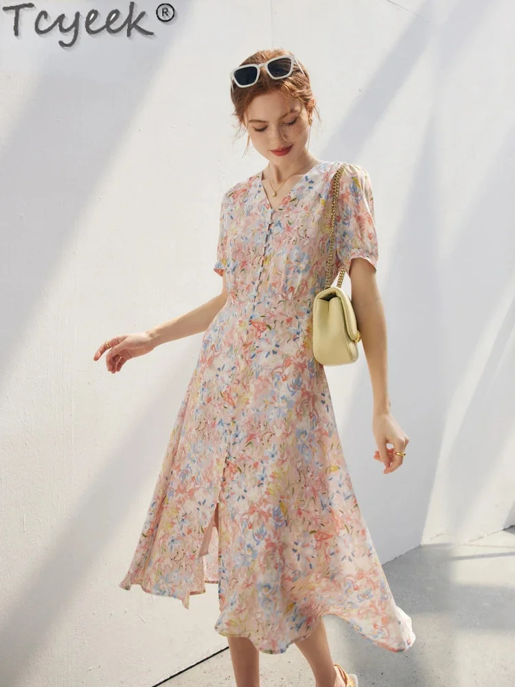 

Women Tcyeek Floral Dresses 100%Silk Crepe V Neck High Waist Long Dress 2024 Spring Summer Beach Style Clothes Pink Blue