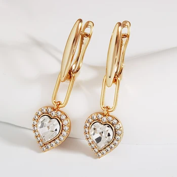 오스트리아산 크리스탈로 만든 하트 귀걸이, 여성 파티 크리스마스 비쥬, 14K 골드 컬러, 여성 행잉 귀걸이 선물, 신제품 