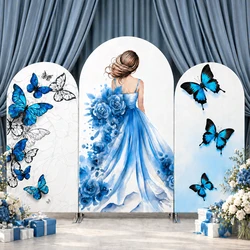 Girl Party Arch Backdrop Cover Quinceanera Sweet 15th Blue Butterfly Girls Birthday Chiara Wall Background Decor Elastic Fabric