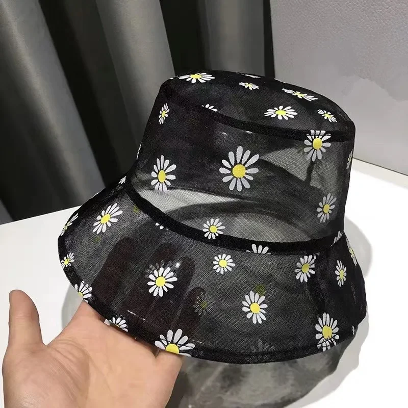 Daisies Embroidered Buckets Hat Women Transparent Lace Flower Beach Panama Hats High Top Snapback Daisy Fishing Sun Cap Summer