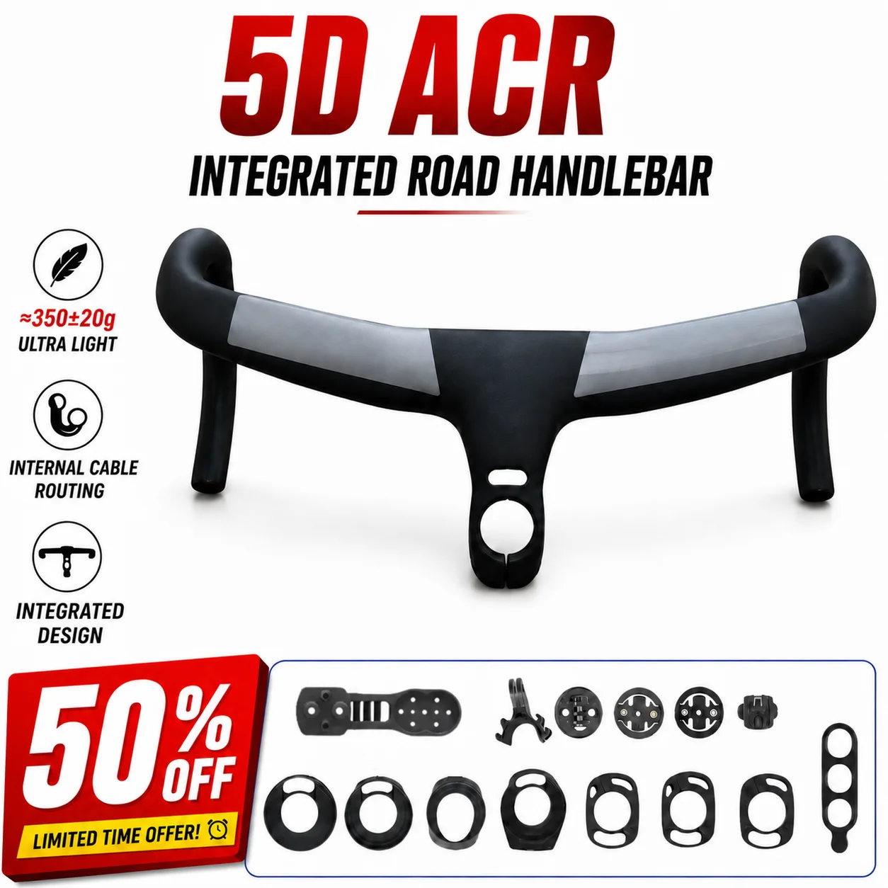 

1:1 5D ACR Full Internal Routing Cable Carbon Fiber Road Bike Handlebar 400mm 420mm 440mm Integrated Handlebar Computer Mount