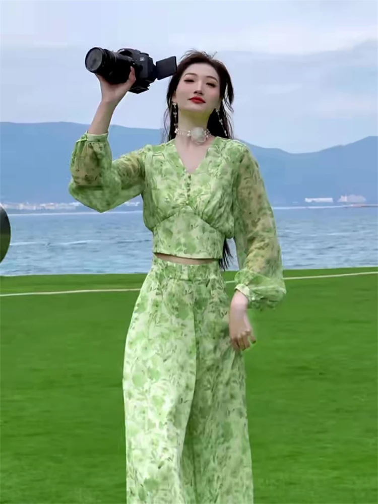 

Women's Chiffon Set Spring New V-neck Fashionable Style Top High Waist Wide Leg Pants Trendy Set Leisure and Comfort Set