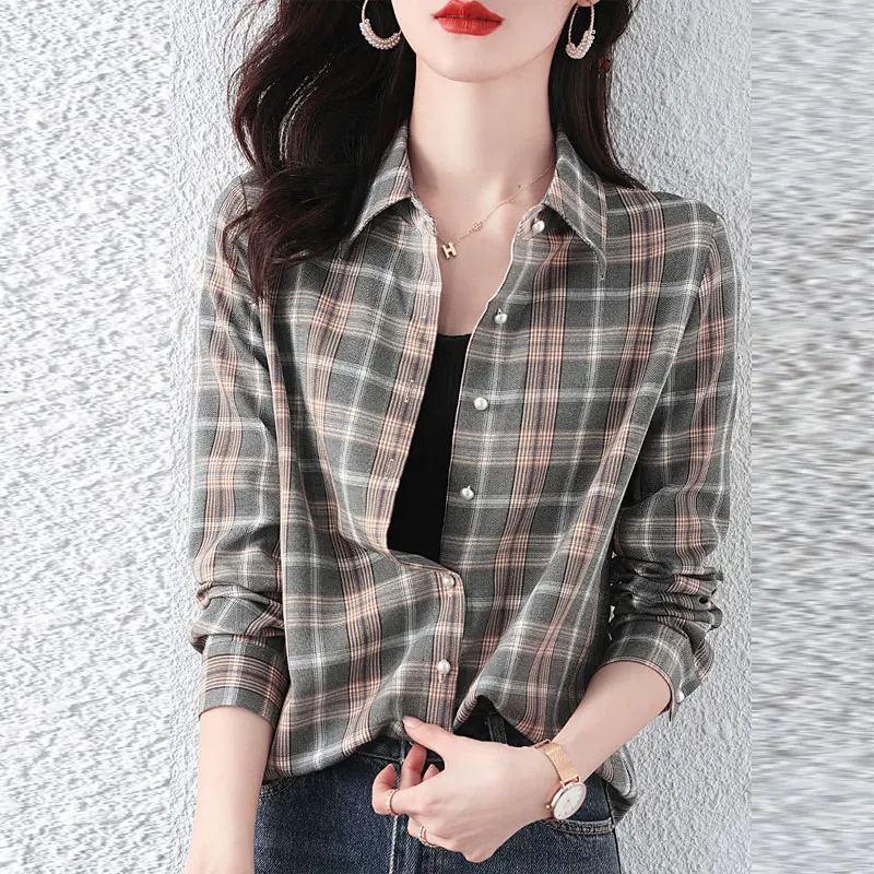 Women\'s Clothing Fashion Plaid Shirt 2023 Spring Autumn Streetwear Long Sleeve Turn-down Collar All-match Loose Casual Blouse