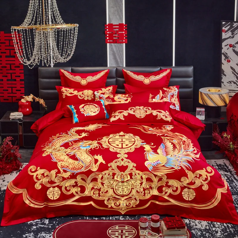 

Luxury Chinese Golden Dragon Phoenix Embroidery Wedding 4/6/9Pcs Bedding Set Egyptian Cotton Duvet Cover Bed Sheet Pillowcases