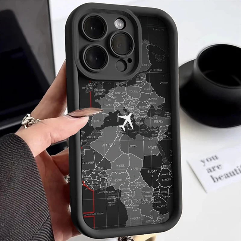Soft Liquid Silicone Phone Case For iPhone 11 12 13 14 15 16 17 Air Pro Max XS X XR 16 Plus Travel-Inspired Airplane Route Cover