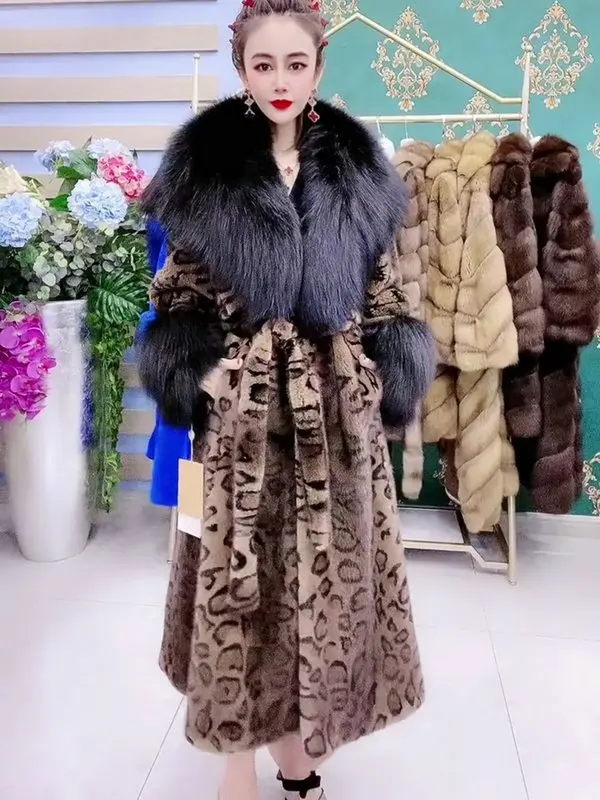 High-End Mink Fur Faux Mink Long Coat Women Fall Winter Thickened Warm All-Match Fox Fur Collar Long Sleeve Coat Female