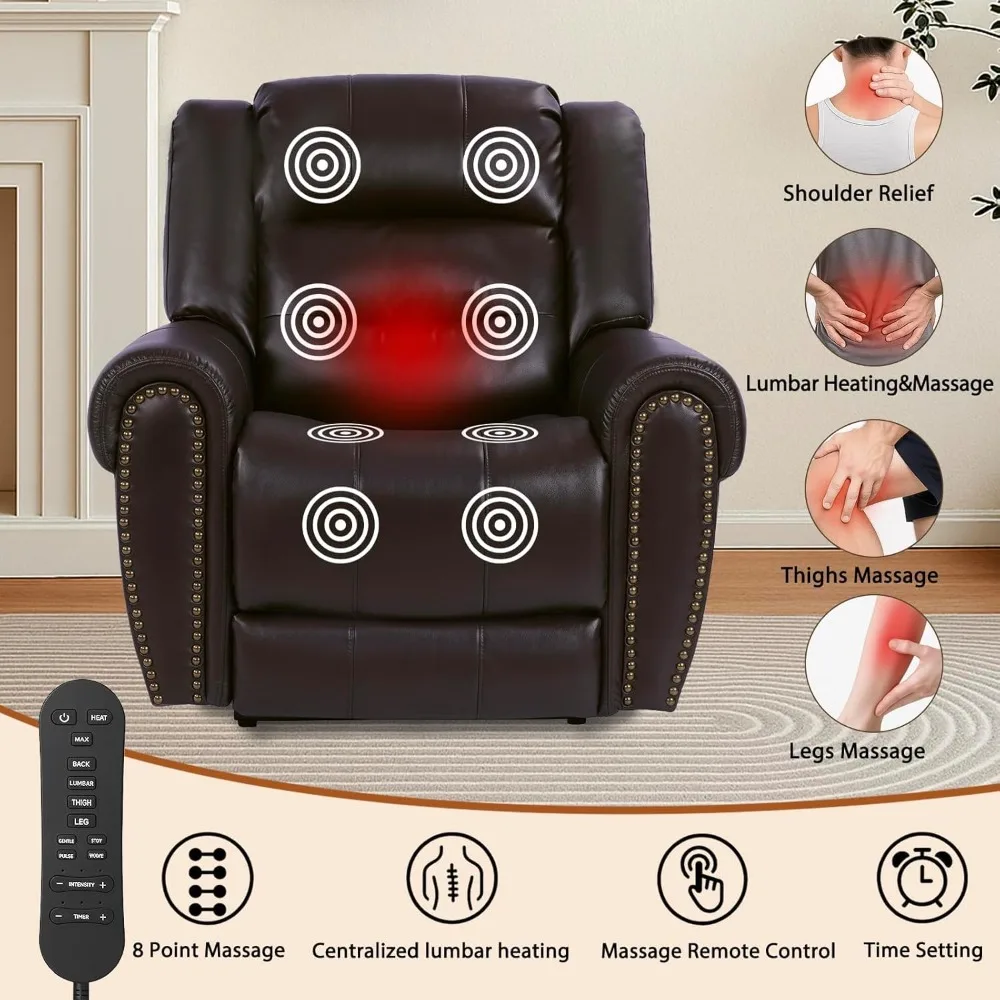 Cadeira reclinável clássica de motor duplo para idosos, poltrona reclinável de couro respirável resistente de 400 libras com calor e massagem