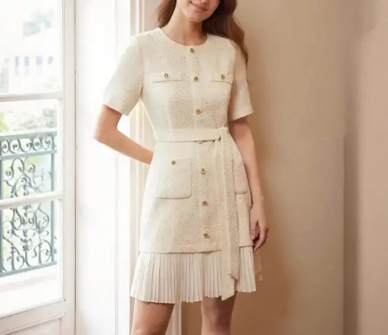 

Apricot Retro round Neck Pleated Skirt Short Sleeved Dress Button Closure Women's Vintage Fashion Skirt