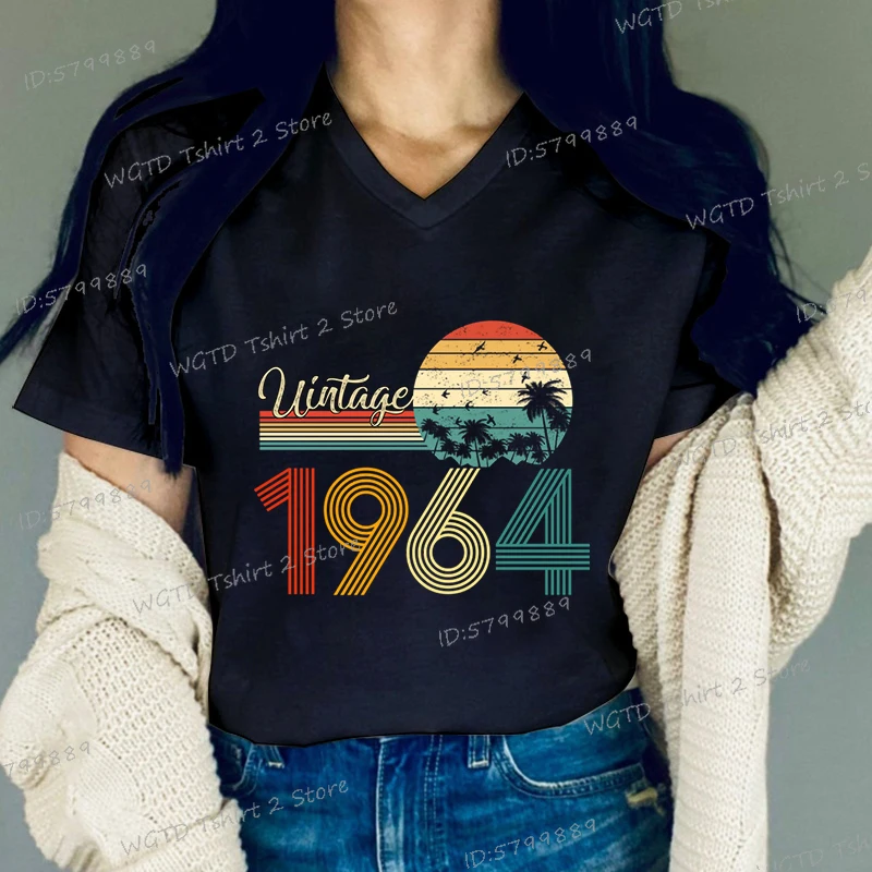 Vintage 1964 Women's Clothing Classic Graphic Birthday Gift 61th Birthday Party V-neck Classic Tops 61 Year Old Summer T-shirt