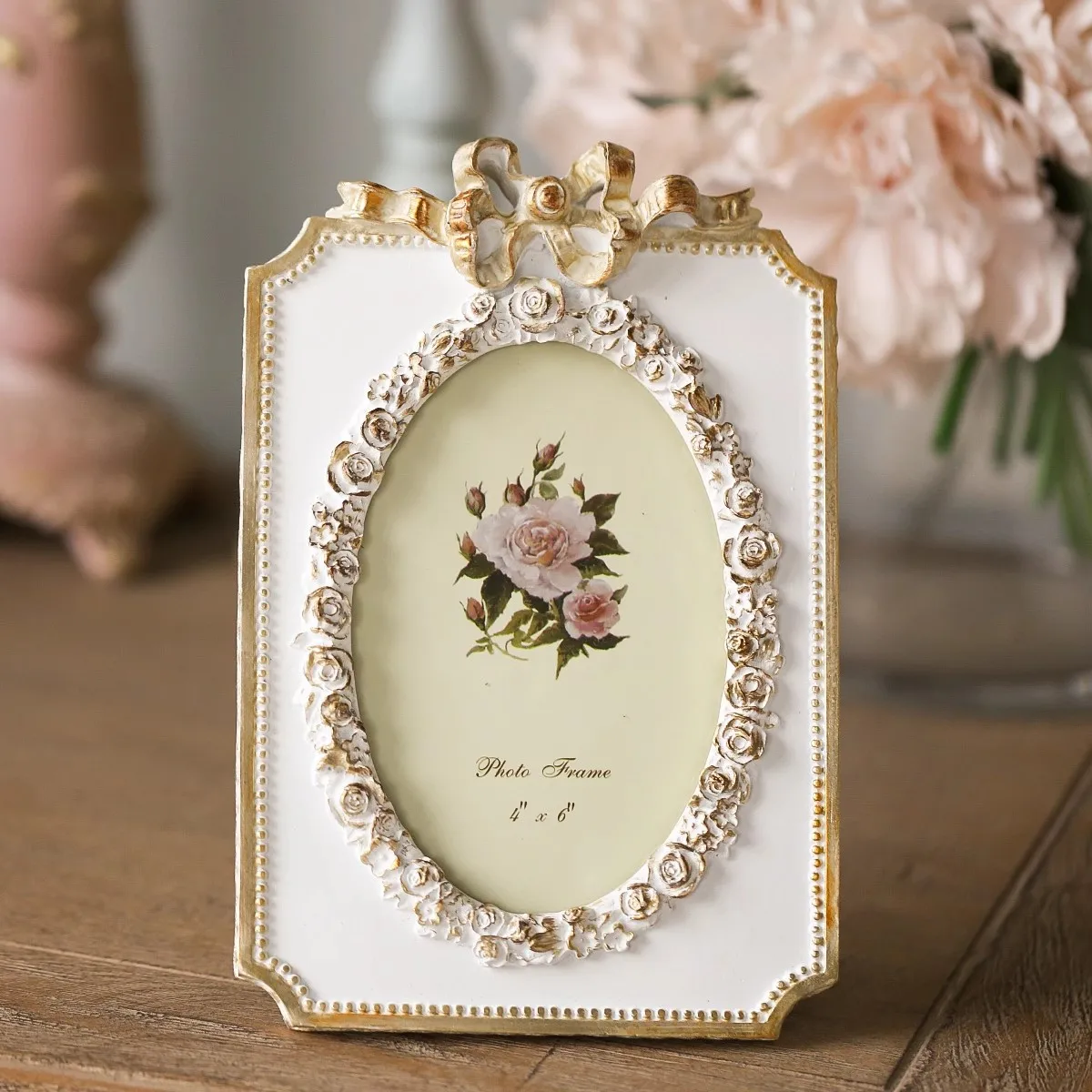 6-Inch European Style  Golden Bow Rose Picture Frame,Retro Antique Desktop Ornaments