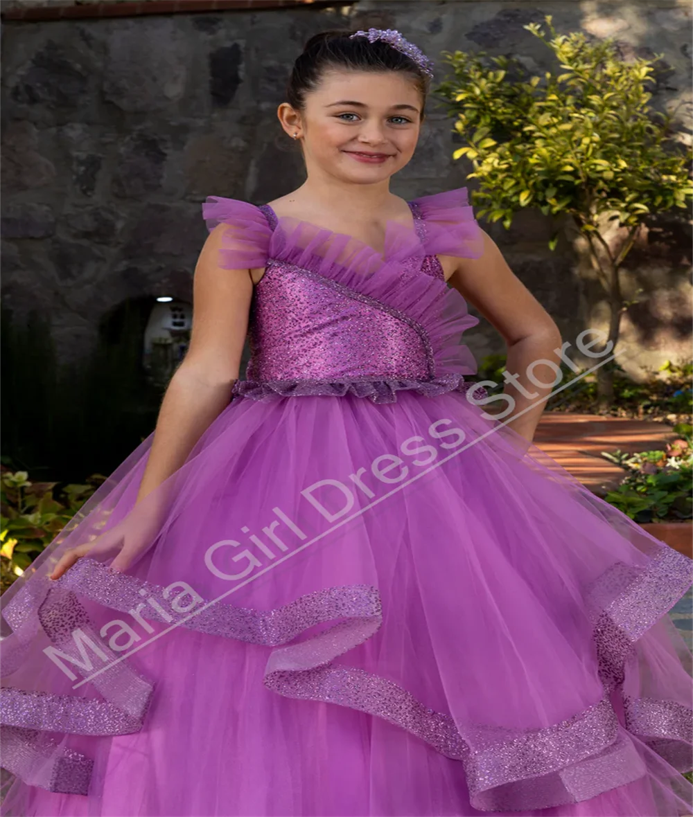 Rode kanten rand meisje bruiloft verjaardagsfeestje jurk gelaagde tule elegante kinderen eerste communie formele evenement jurk