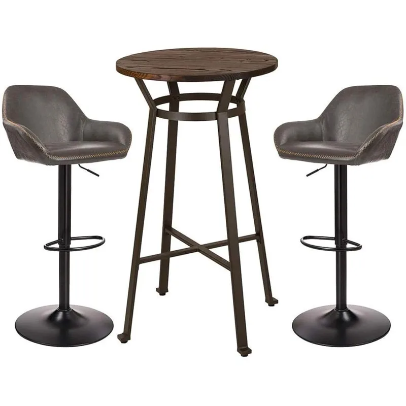 

3 Piece Pub Table and Chairs Set, Round Rustic Bar Height Top Table and Adjustable Swive Grey Bar Stools for Kitchen Bistro