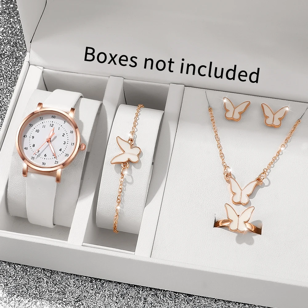 Elegant Ladies' Watch and Butterfly Jewelry Set, Casual Circular Display Screen, PU Strap, Perfect Gift for Ladies