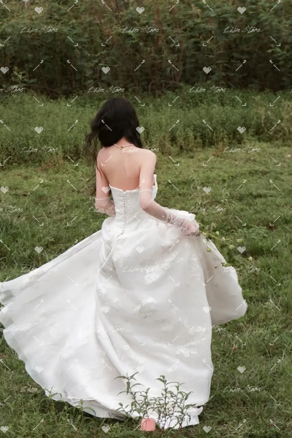 Lism Graceful Sleeveless Strapless Wedding Dresses A-line Sweep Train Handmade Flowers Korea Wedding Dress Photo Shoot Customize